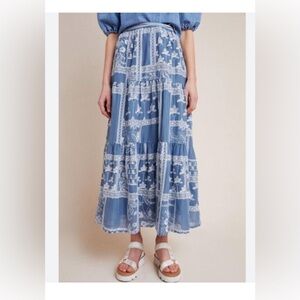 Anthropologie Maeve Ariadne Embrroidered Blue and White Floral Maxi Skirt XS EUC